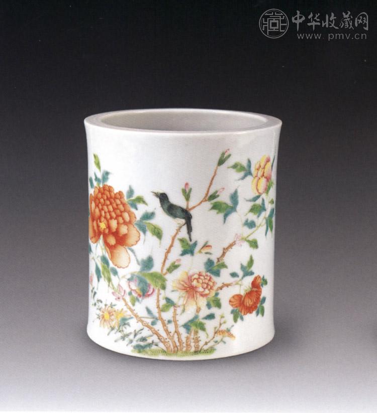 民国 粉彩花鸟笔筒