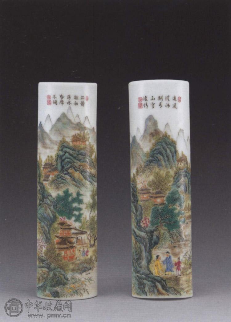民国 粉彩山水人物臂格(2件)