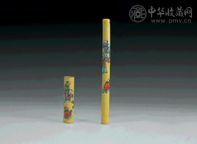 民国 黄地粉彩婴戏蟋蟀图笔杆