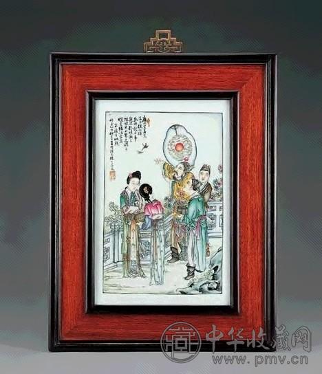 民国 王琦红绿彩唐明皇梦蝶图瓷板