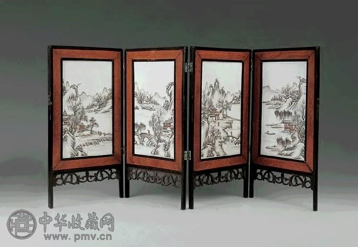 民国 粉彩山水小屏风 四扇