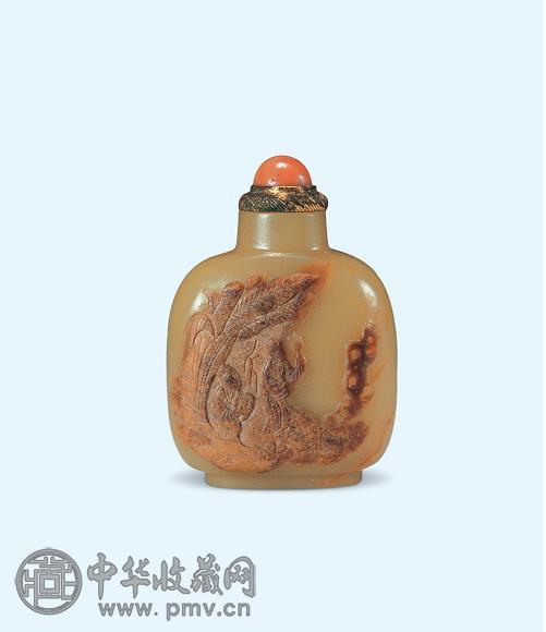 清中期 黄玉留皮芭蕉人物鼻烟壶
