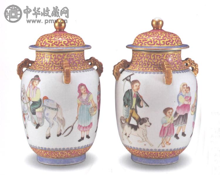 民国 粉彩人物四系罐(2件)