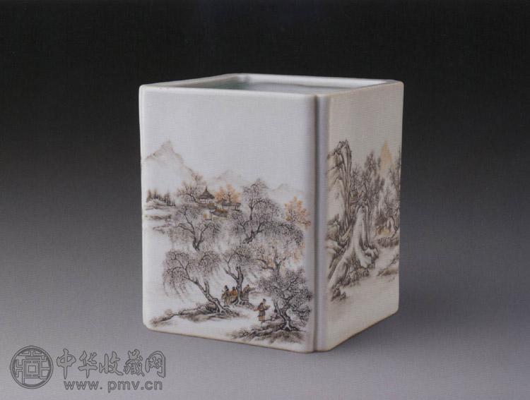 民国 墨彩山水图笔筒