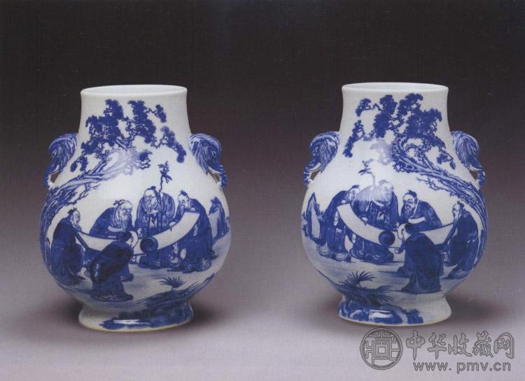 民国 青花五老图牛头尊(1对)