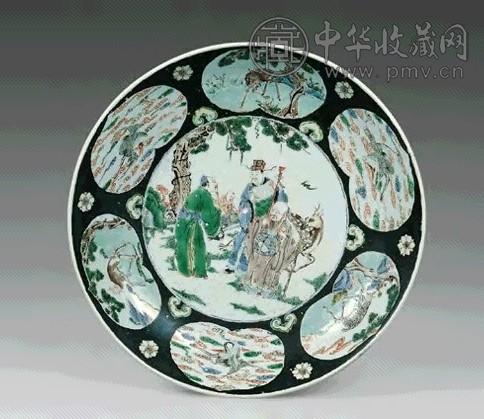 清康熙 黑地五彩三星图盘