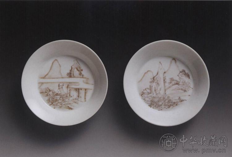 清雍正 墨彩山水图盘(1对)