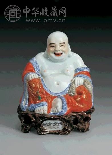 民国 矾红描金布袋和尚