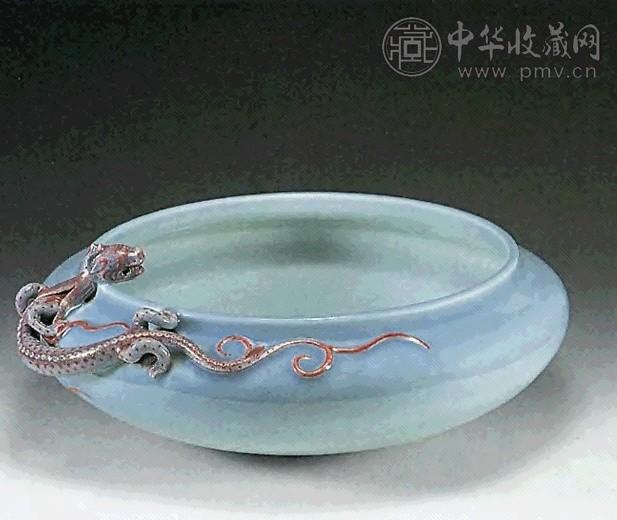 民国 灰蓝釉料彩蟠螭笔洗