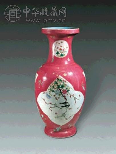 民国 胭脂水开光花鸟瓶