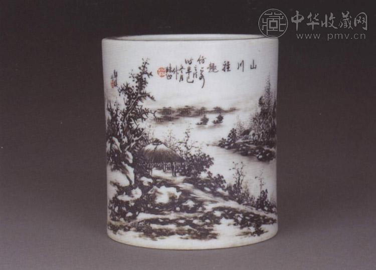 民国 墨彩山水图笔筒