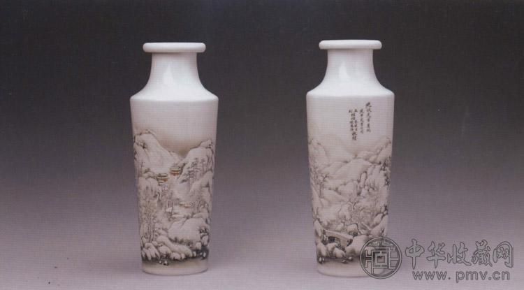 民国 墨彩雪景图唇口瓶(2件)