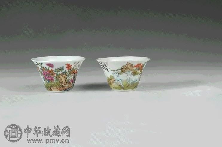民国 粉彩三羊开泰小杯 一对
