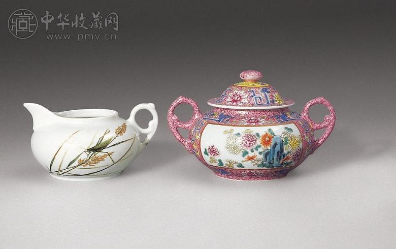 民国 粉彩开光双耳罐 奶壶(2件)