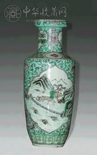 民国 五彩开光山水纹棒槌瓶