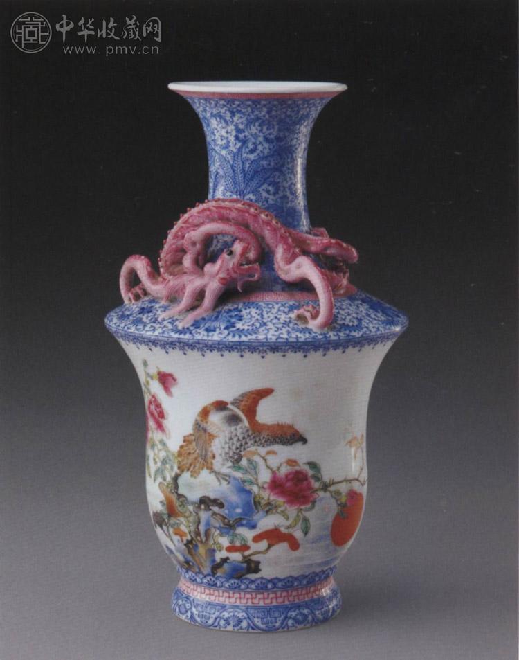 民国 料彩堆蟠螭雄鹰图瓶