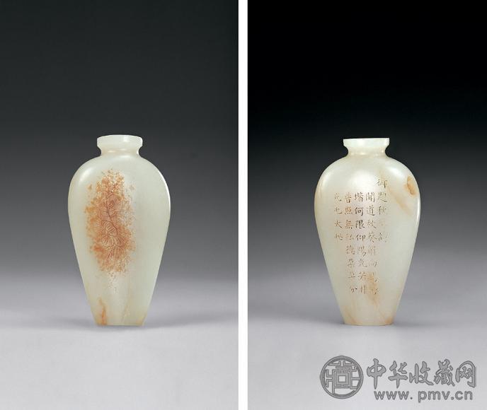 清乾隆 白玉留皮填金雕御题诗烟壶