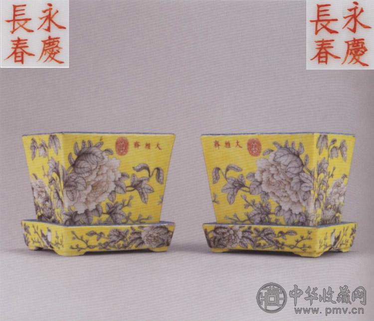 民国 黄地粉彩花鸟图花盆(1对)