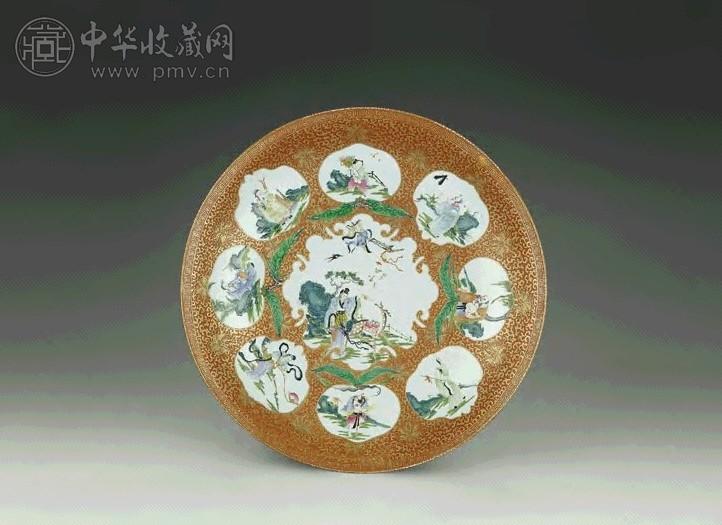 民国 珊瑚红地粉彩描金八仙大盘