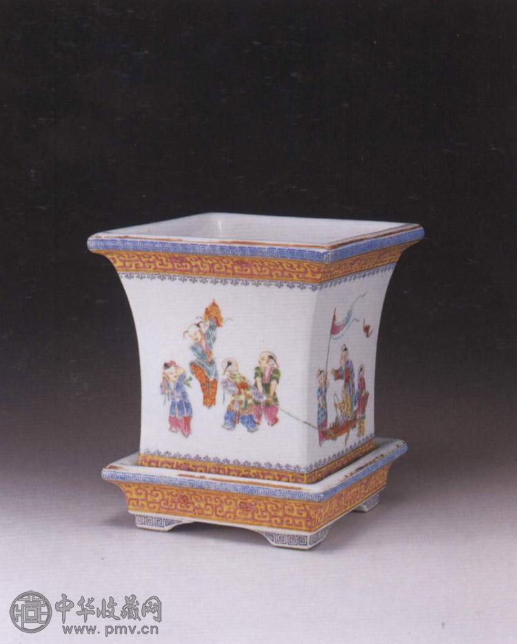 民国 粉彩婴戏图方花盆