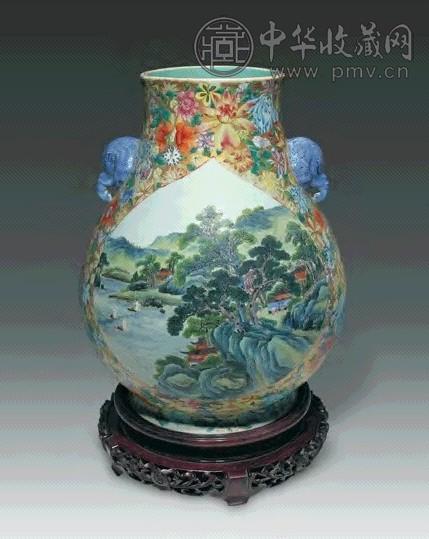 民国 百花不落地开光山水象鼻尊