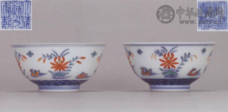 清道光 斗彩荷塘鸳鸯纹碗(1对)