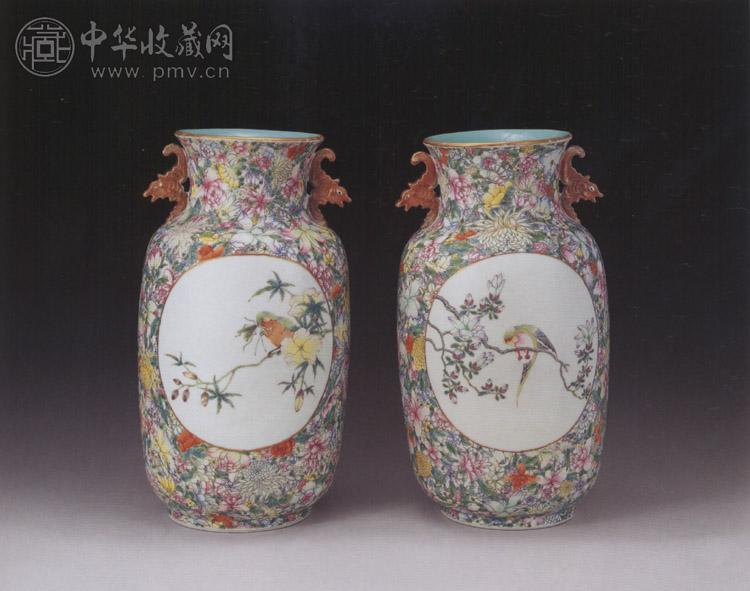 民国 粉彩百花开光花鸟瓶(2件)