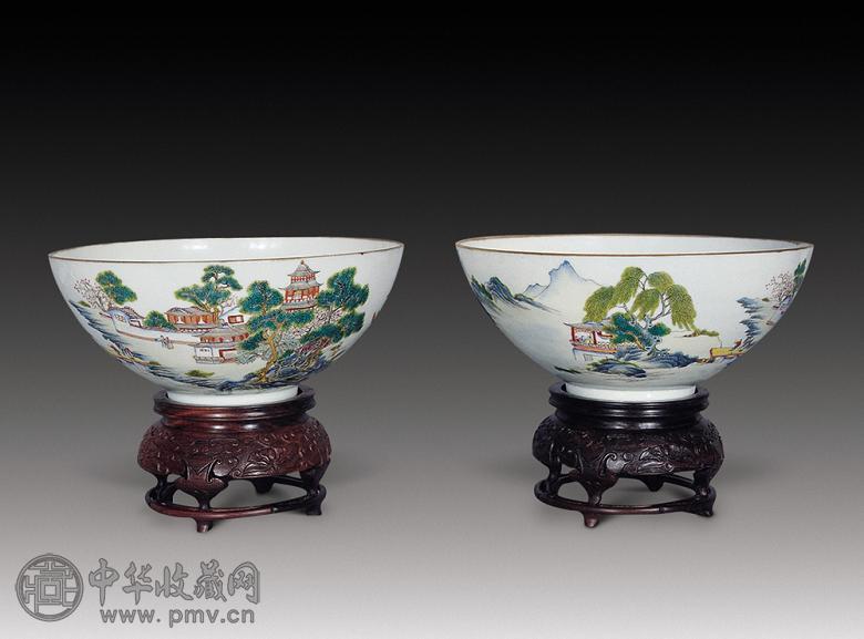 民国 粉彩山水大碗(1对)