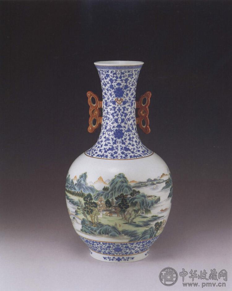 民国 料彩山水蝶耳撇口瓶