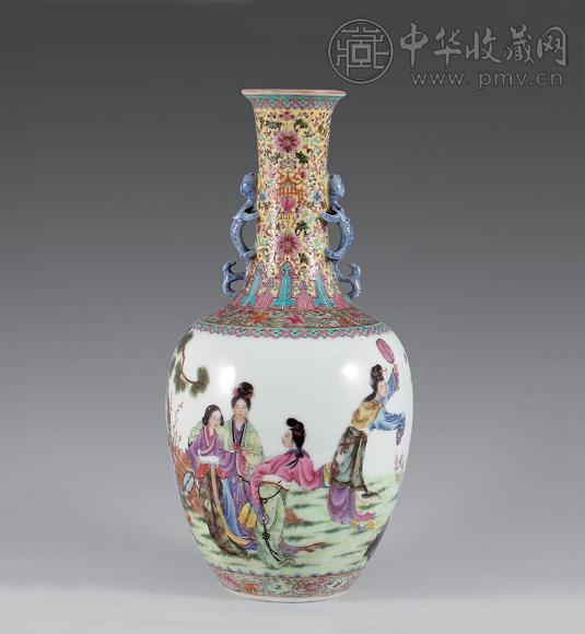 民国 粉彩红楼梦人物故事双耳瓶