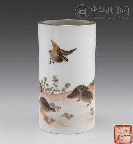 民国 粉彩安居乐业图笔筒