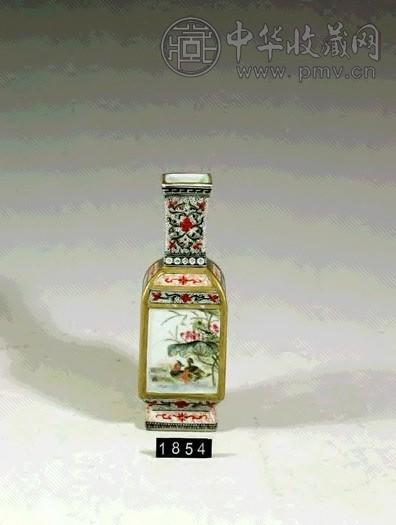 民国 粉彩描金开光花鸟诗文瓶