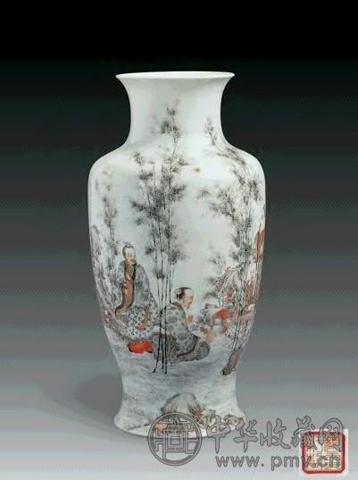 民国 墨彩矾红竹林七贤图瓶