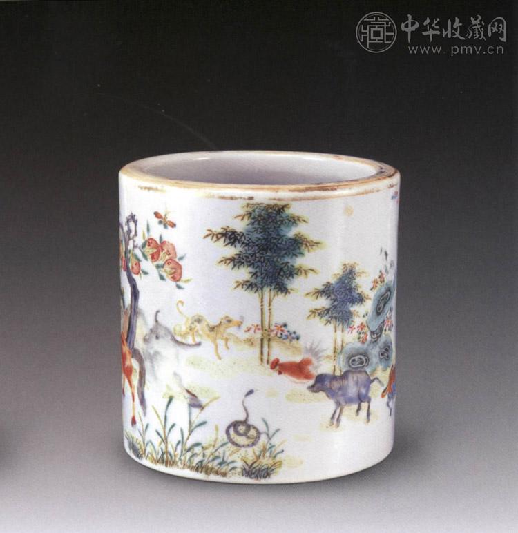 民国 粉彩十二生肖笔筒