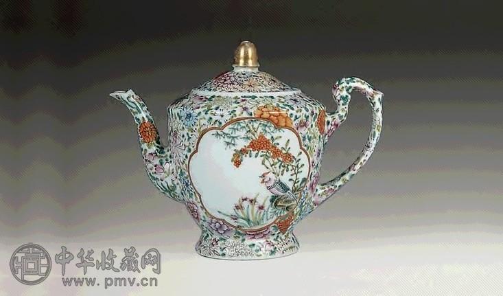 民国 粉彩百花锦开光花鸟壶