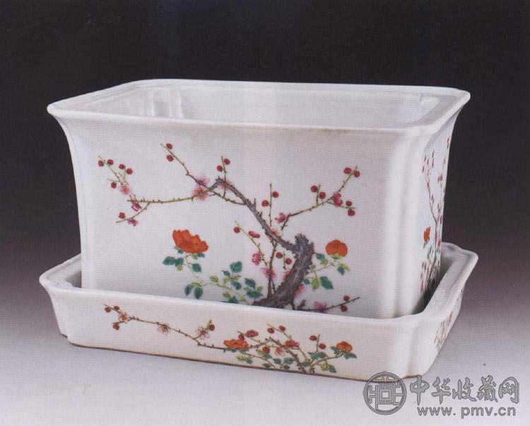 民国 粉彩梅花长方倭角花盆