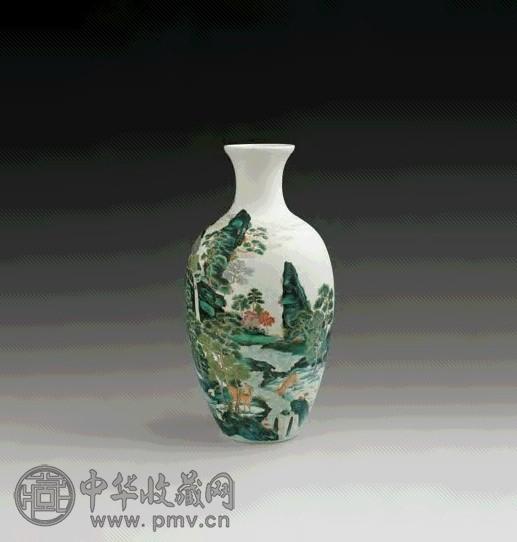 民国 彩溪山鹿呦纹瓶