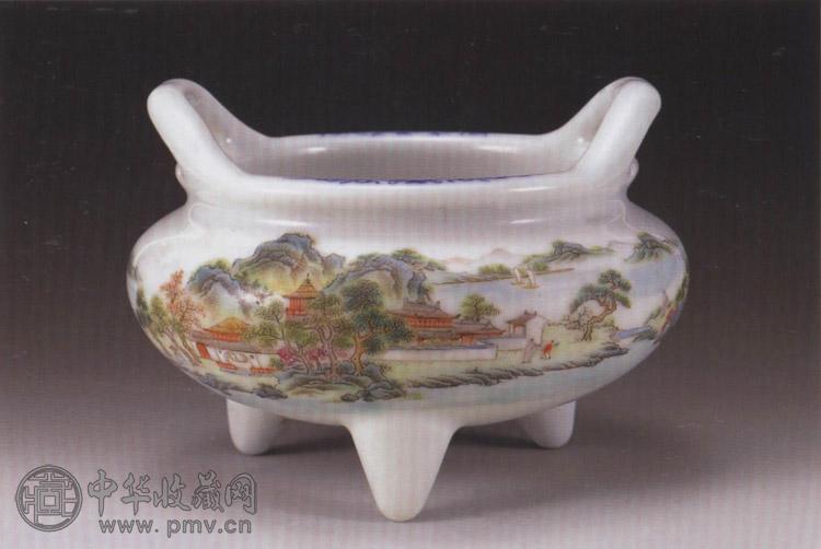 民国 粉彩山水双耳炉