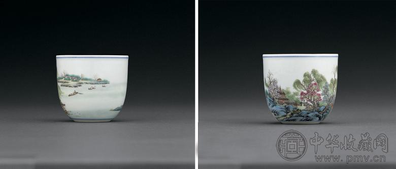 民国 粉彩山水图卧足杯