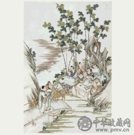 民国 彩竹林七贤纹瓷板