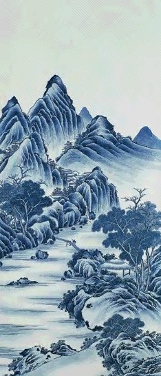 民国 青花牧牛图瓷板挂镜