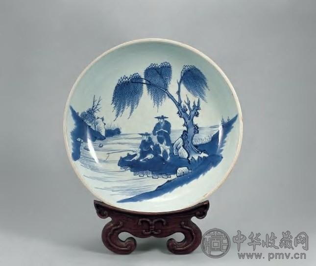 清雍正 青花渔乐图盆