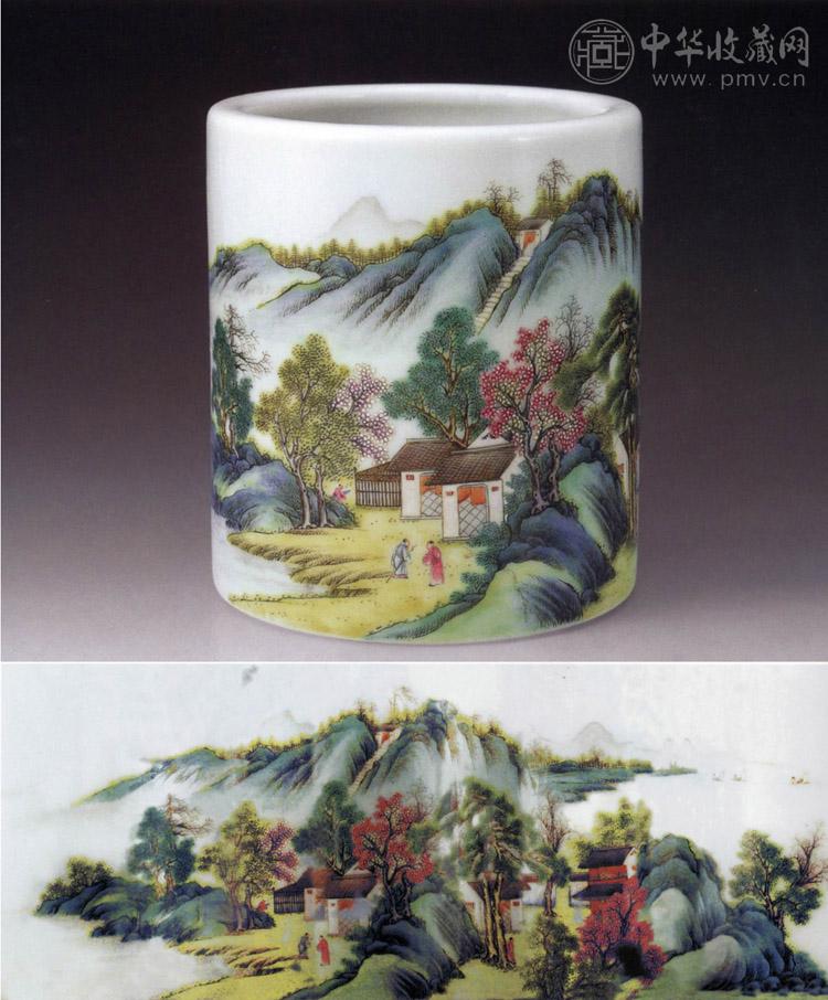 民国 粉彩山水人物笔筒