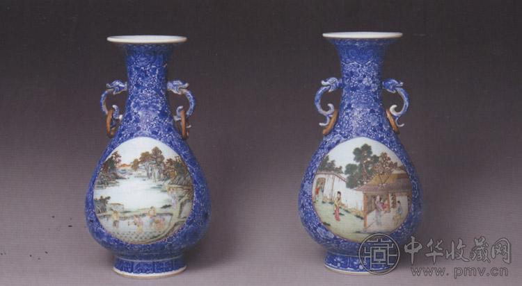 民国 青花开光粉彩耕织图双耳瓶(1对)
