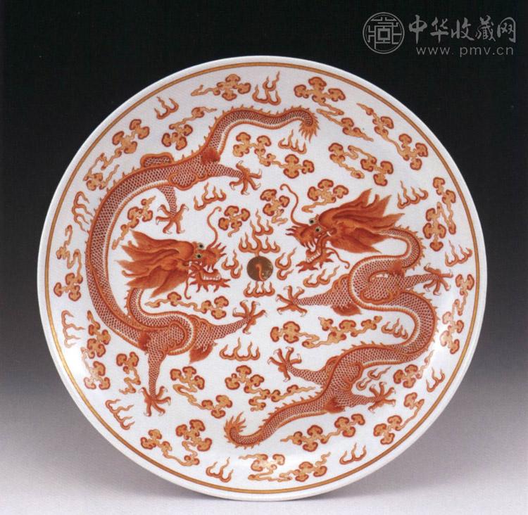 清光绪 红彩二龙戏珠盘
