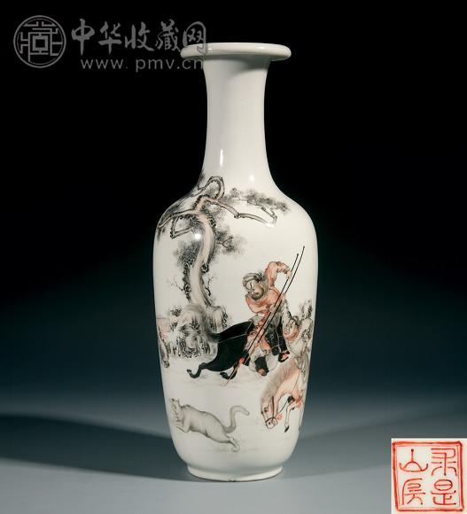 民国 灰褐彩骑马图瓶