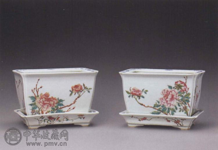 民国 粉彩花卉图花盆(1对)