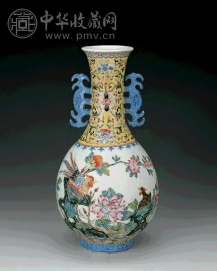 民国 粉彩花鸟纹双耳瓶