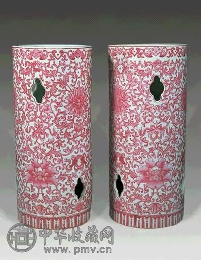 民国 胭脂水花卉帽筒(2件)