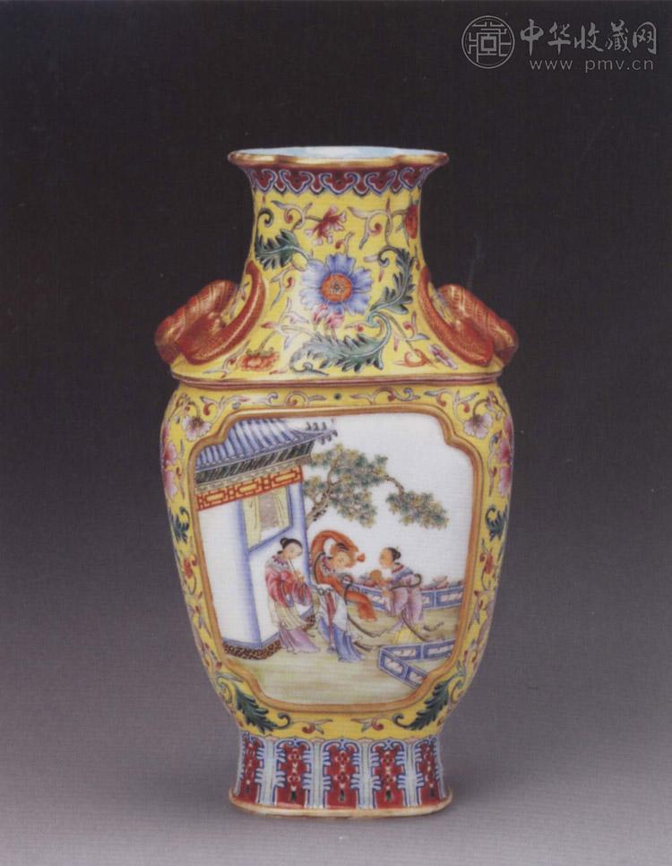 民国 黄地粉彩开光仕女图双耳瓶